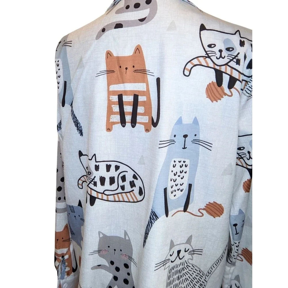 Cat Button-Down Shirt White Blue Brown Novelty Fun Medium